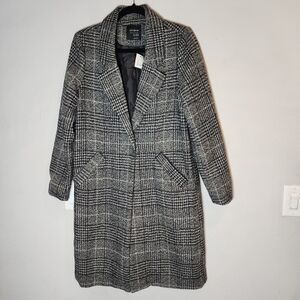 NWT Cotton On Wool Blend Black Grey Check Plaid Mid Length Coat Size 6